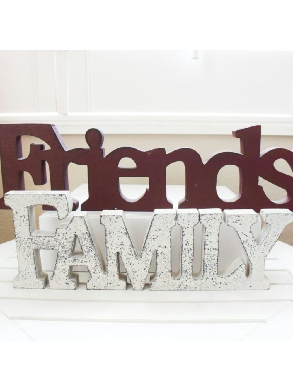 Set of 2 Wooden Cutout Word Signs - "Friends" & "Family" Decor